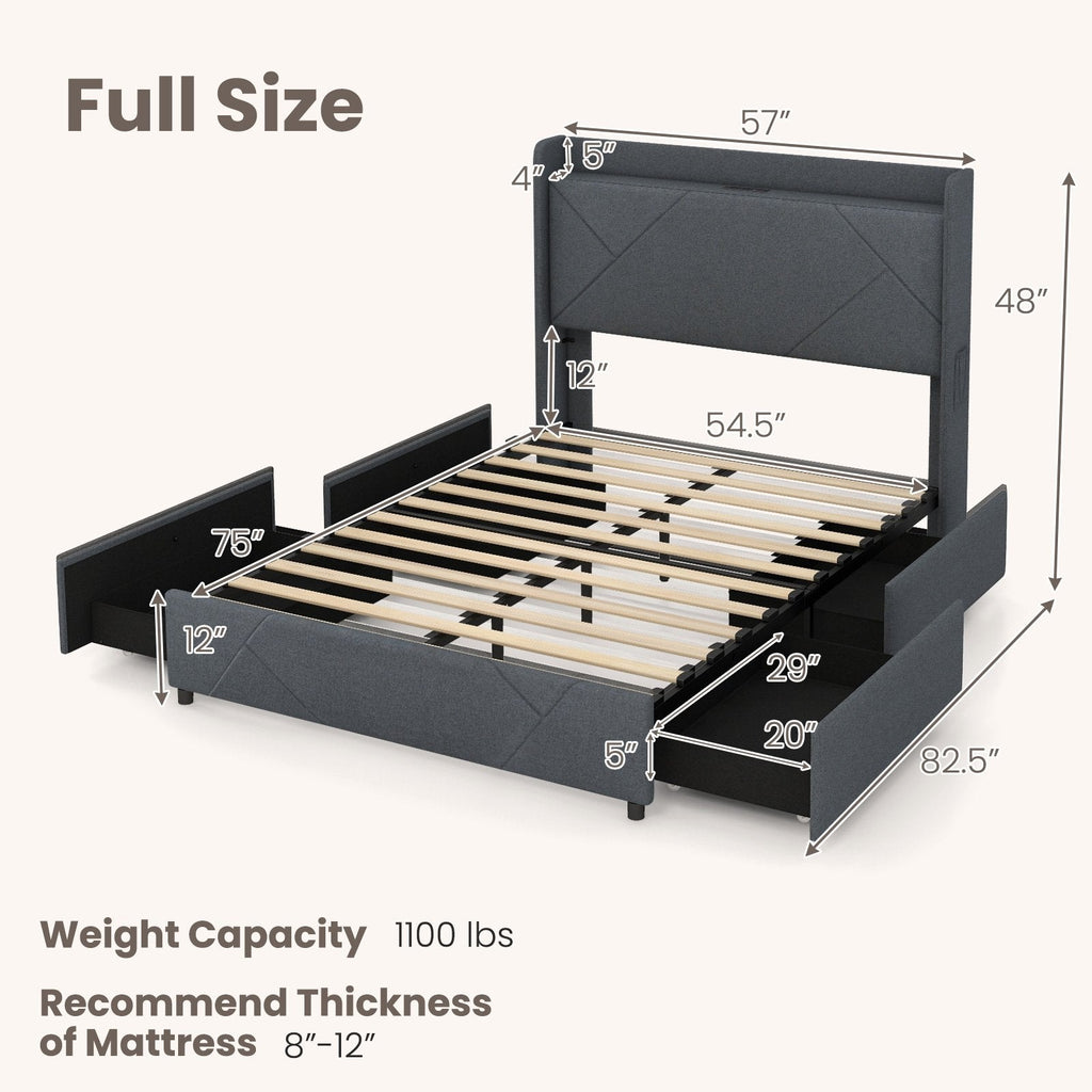 Full Size Upholstered LED Bed with 48 Inch Wingback Headboard, Charging Station and 4 Drawers