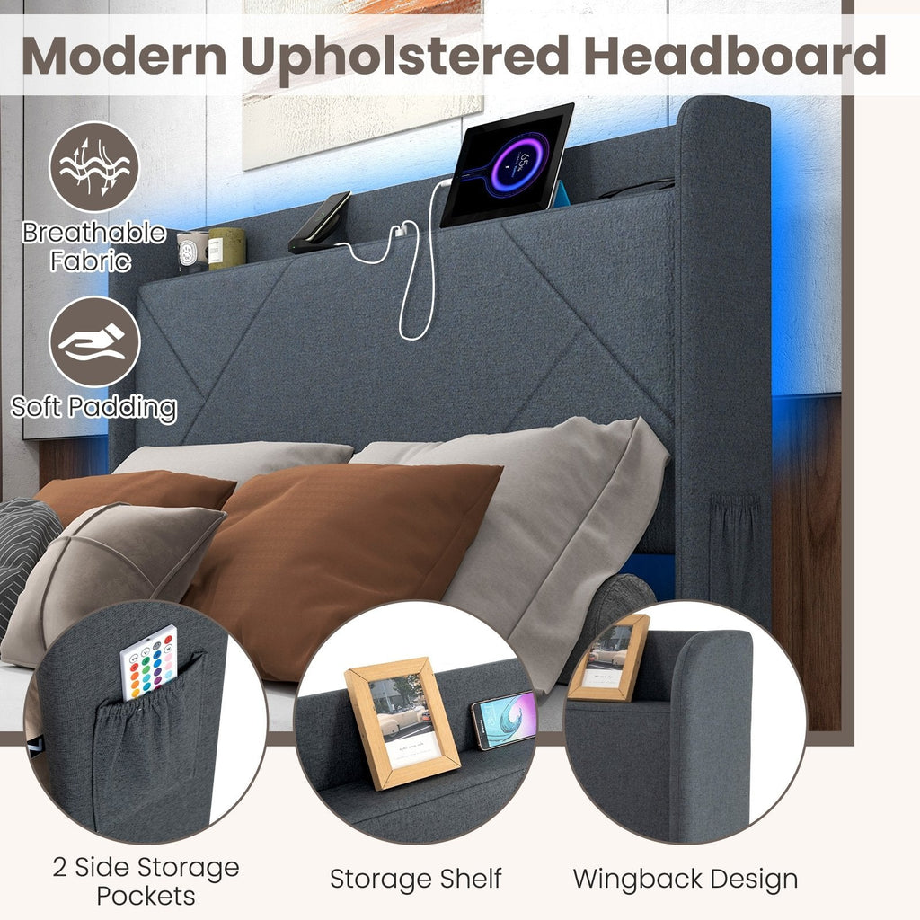 Full Size Upholstered LED Bed with 48 Inch Wingback Headboard, Charging Station and 4 Drawers