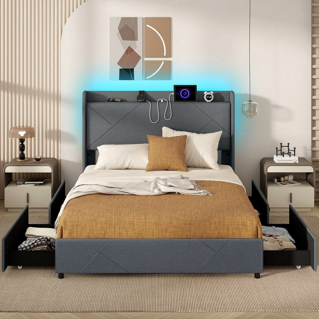 Queen Upholstered LED Bed with 48 Inch Wingback Headboard, Charging Station and 4 Drawers