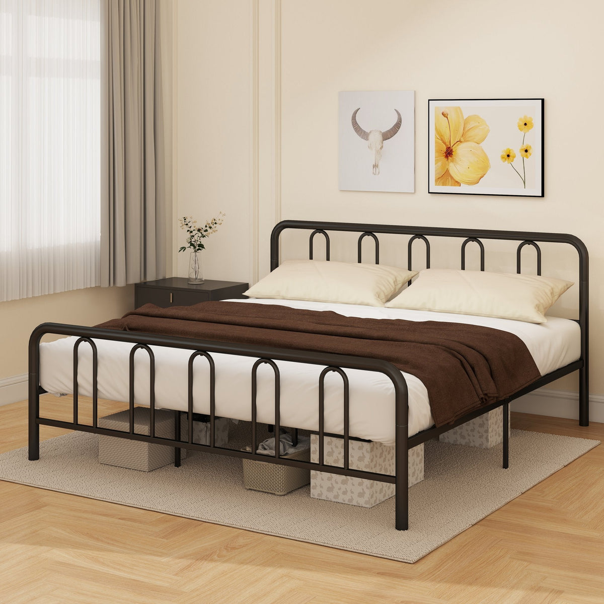 King Size Metal Bed Frame with Arched Headboard and Footboard, 12.5 Inch Clearance, Black