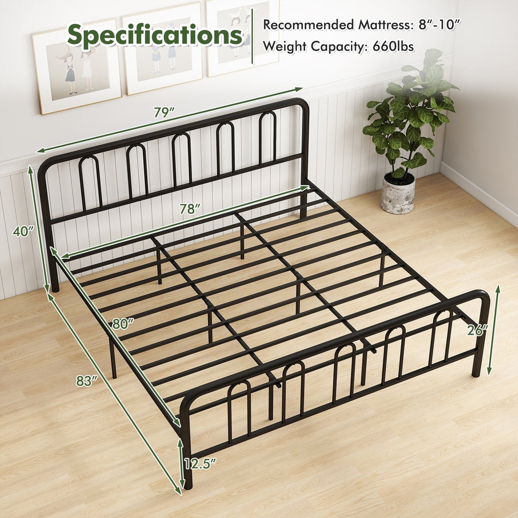 King Size Metal Bed Frame with Arched Headboard and Footboard, 12.5 Inch Clearance, Black