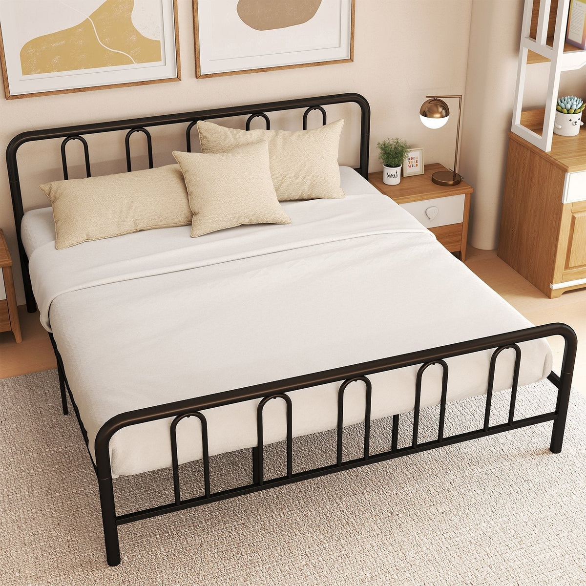 King Size Metal Bed Frame with Arched Headboard and Footboard, 12.5 Inch Clearance, Black