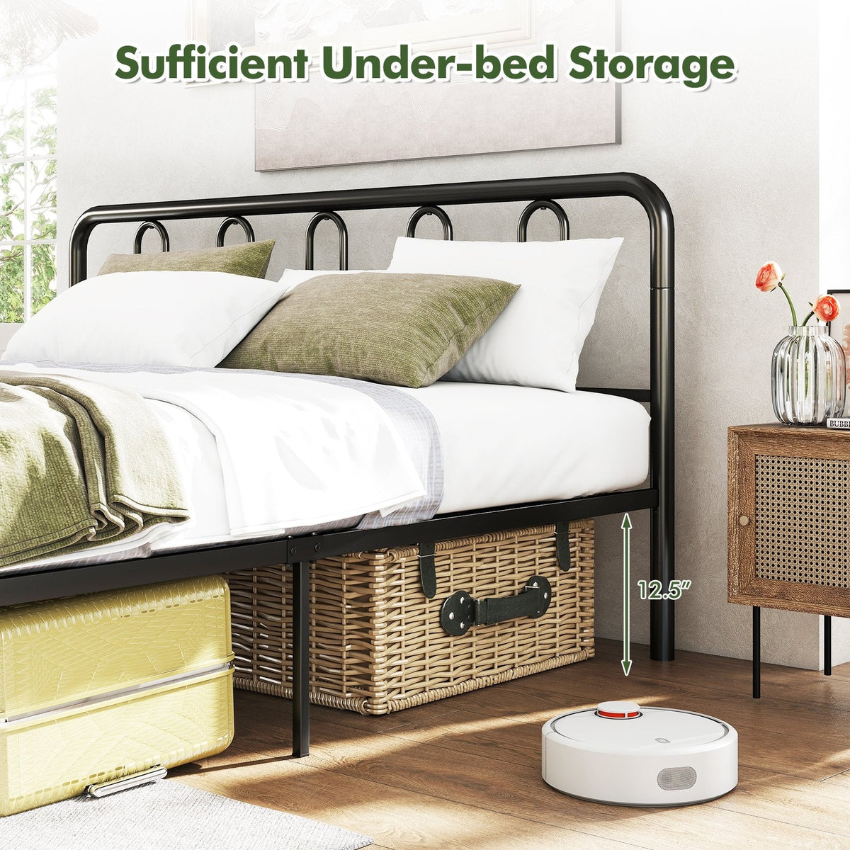 King Size Metal Bed Frame with Arched Headboard and Footboard, 12.5 Inch Clearance, Black