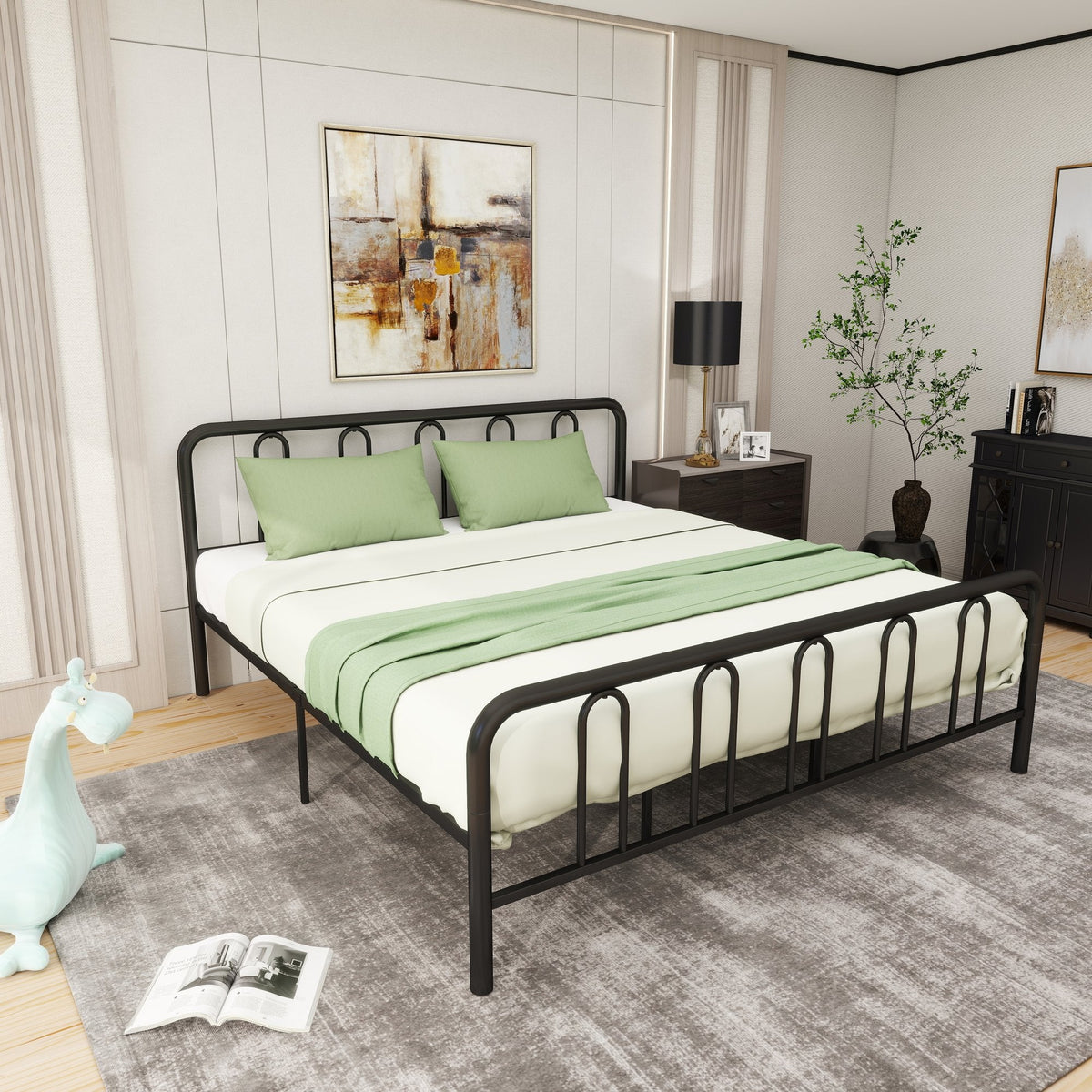 King Size Metal Bed Frame with Arched Headboard and Footboard, 12.5 Inch Clearance, Black