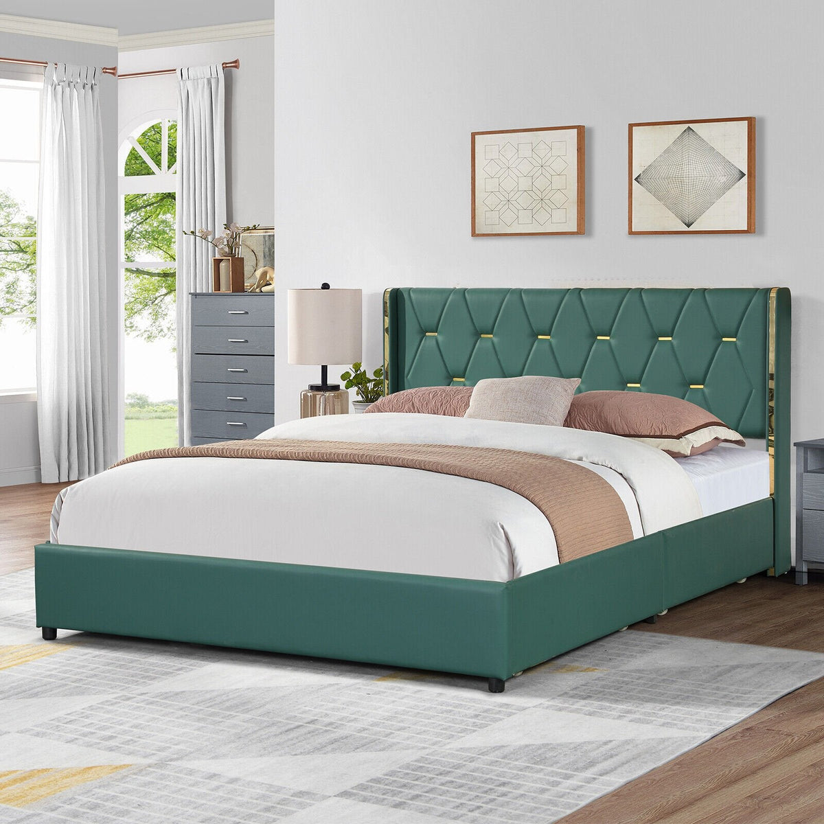 Full Size Upholstered Bed Frame with 4 Rolling Drawers and Wingback Headboard, Green