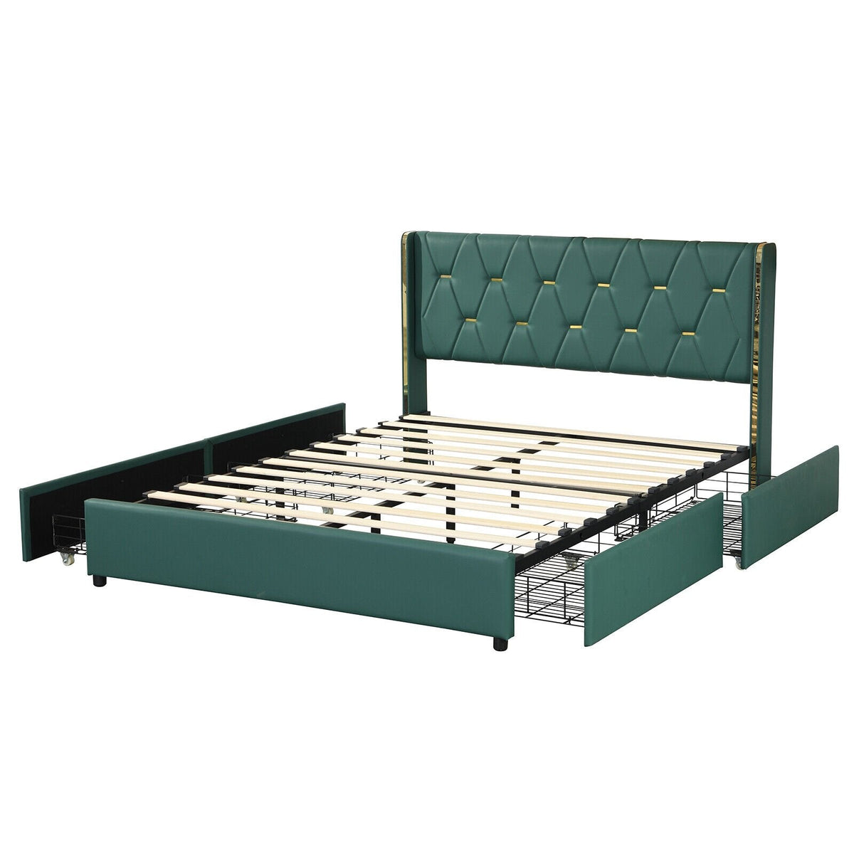 Full Size Upholstered Bed Frame with 4 Rolling Drawers and Wingback Headboard, Green