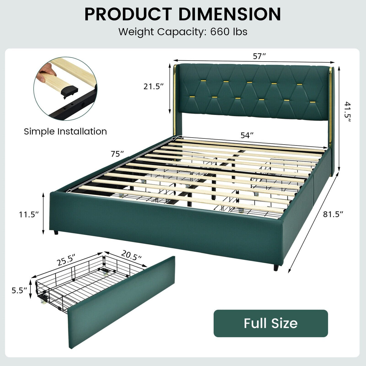 Full Size Upholstered Bed Frame with 4 Rolling Drawers and Wingback Headboard, Green