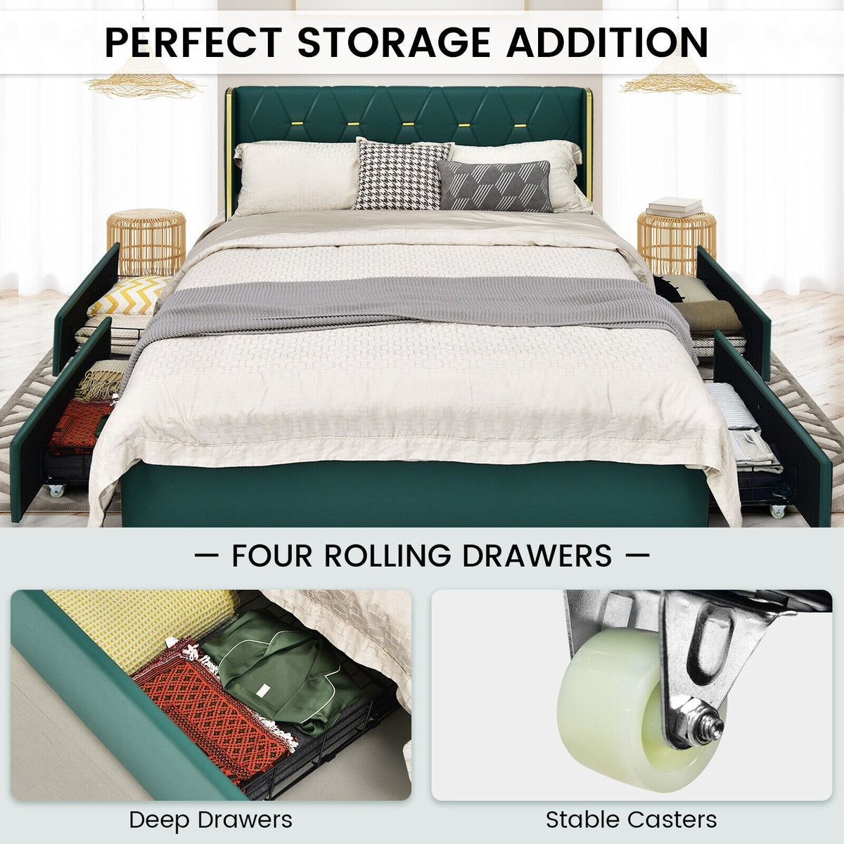 Full Size Upholstered Bed Frame with 4 Rolling Drawers and Wingback Headboard, Green