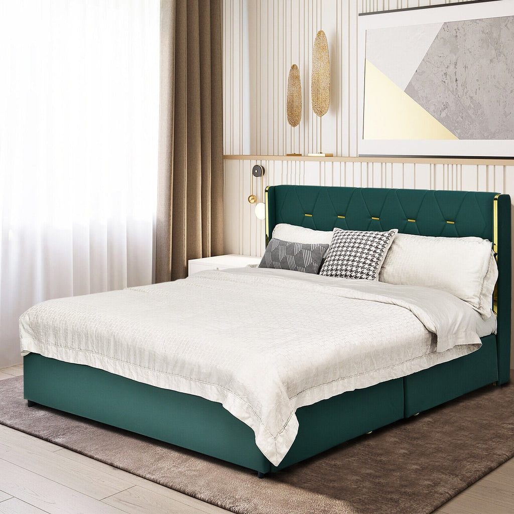 Full Size Upholstered Bed Frame with 4 Rolling Drawers and Wingback Headboard, Green