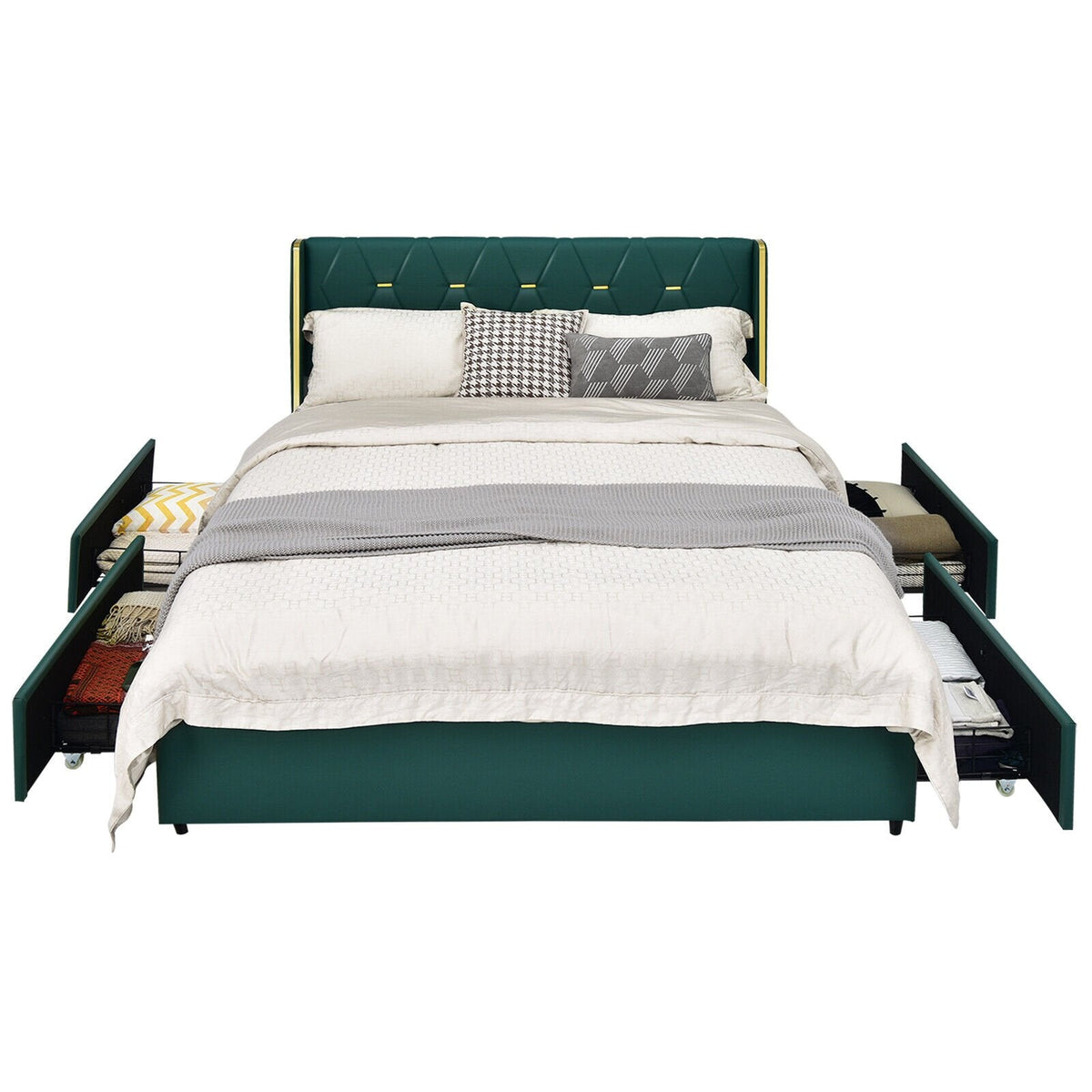 Full Size Upholstered Bed Frame with 4 Rolling Drawers and Wingback Headboard, Green