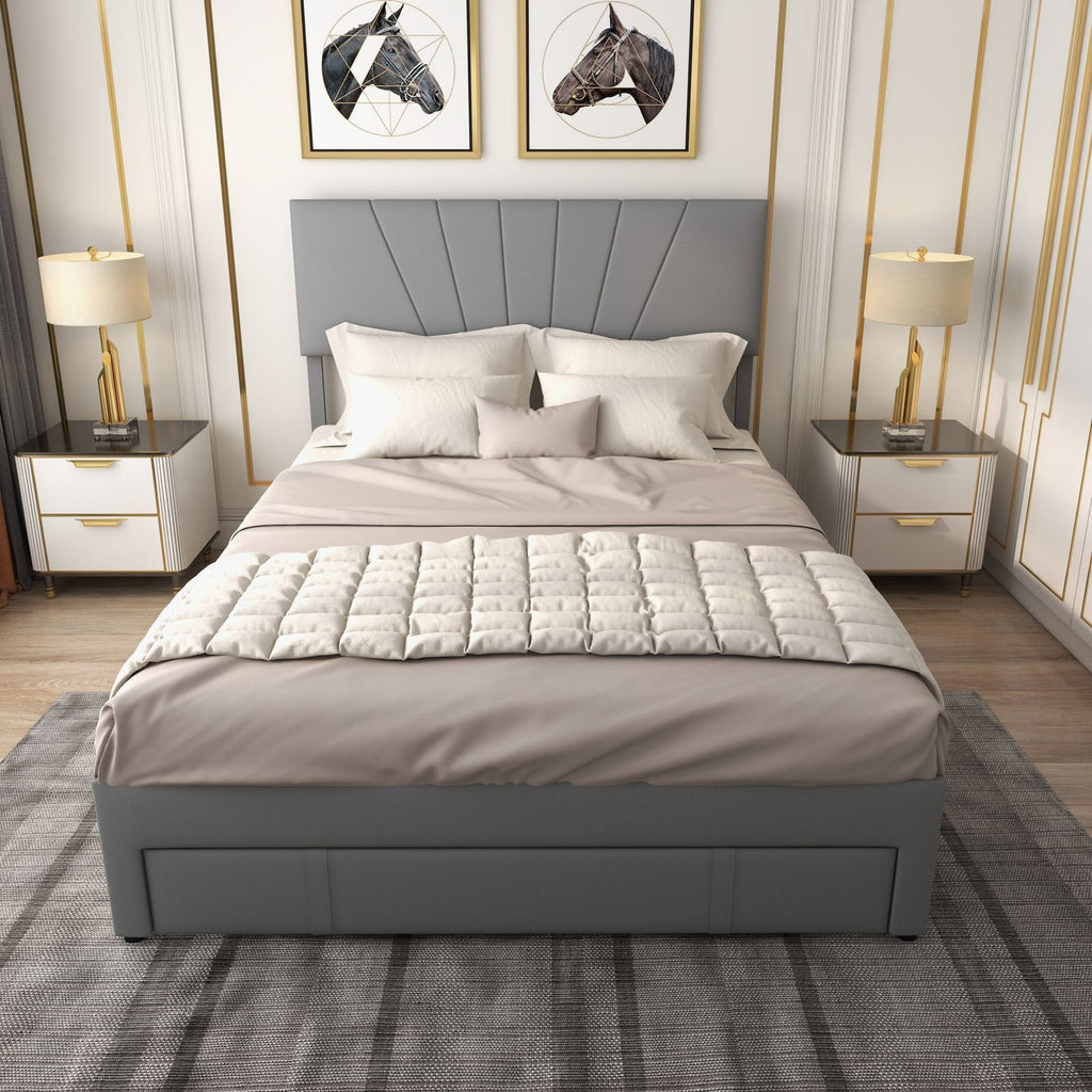 Queen Upholstered Bed with Adjustable Headboard and One 45.5 Inch Slide-Out Drawer, Grey