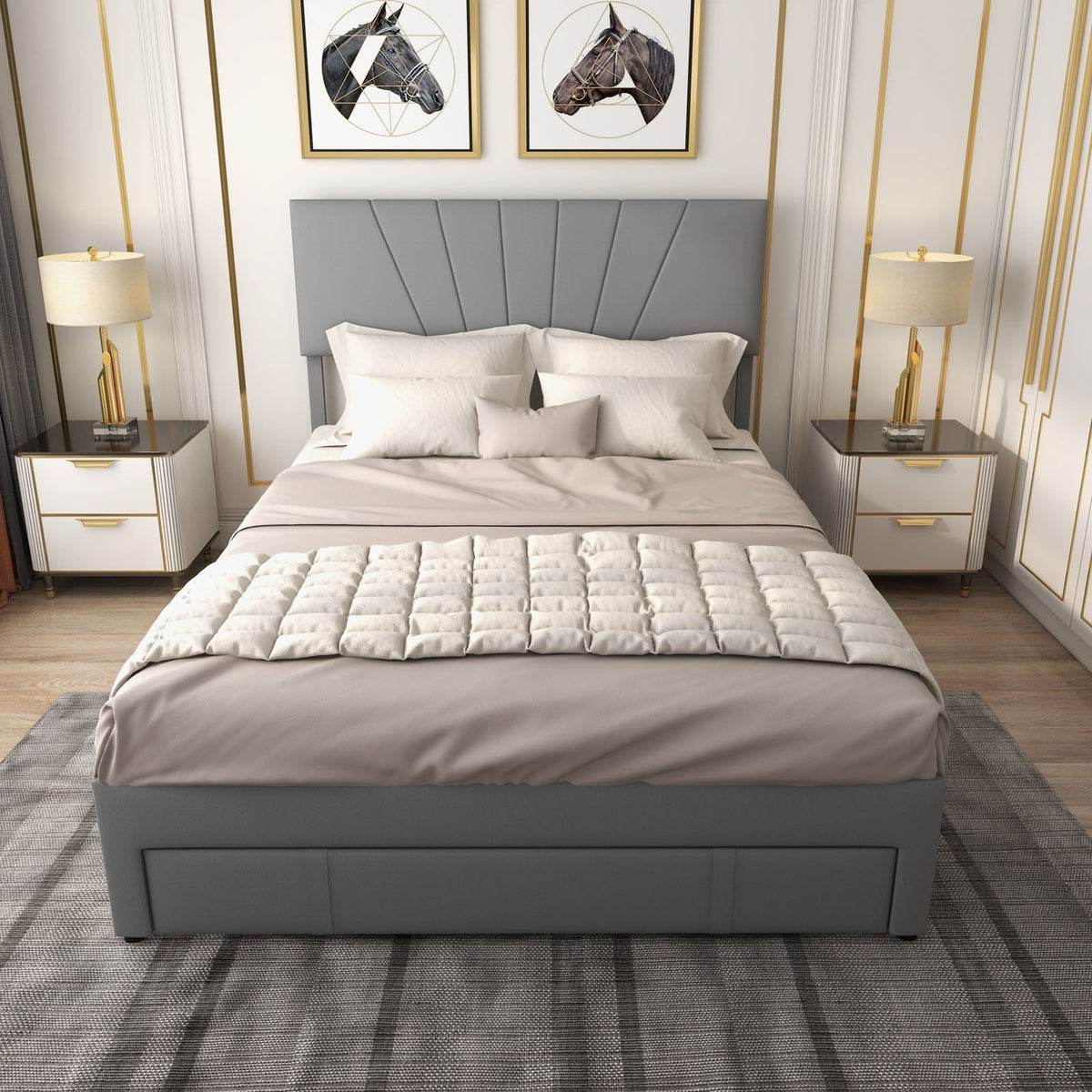 Queen Upholstered Bed with Adjustable Headboard and One 45.5 Inch Slide-Out Drawer, Grey