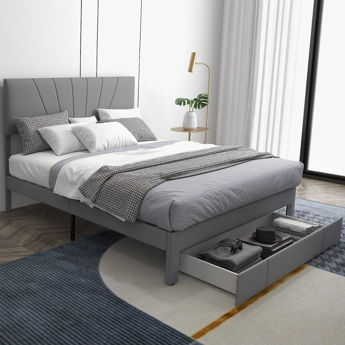 Queen Upholstered Bed with Adjustable Headboard and One 45.5 Inch Slide-Out Drawer, Grey