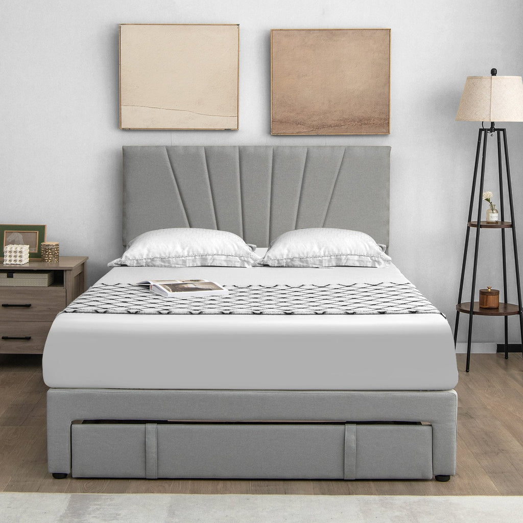 Queen Upholstered Bed with Adjustable Headboard and One 45.5 Inch Slide-Out Drawer, Grey