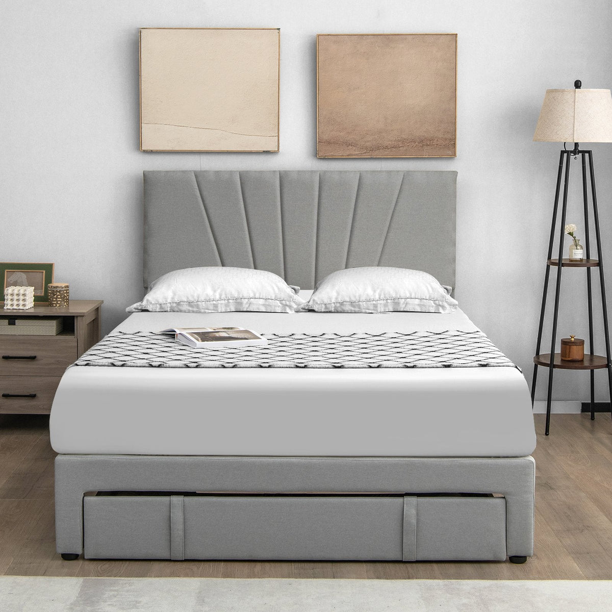 Queen Upholstered Bed with Adjustable Headboard and One 45.5 Inch Slide-Out Drawer, Grey