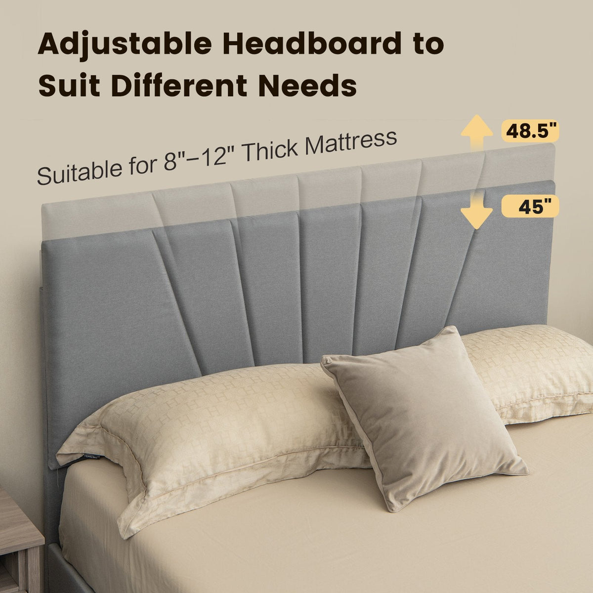 Queen Upholstered Bed with Adjustable Headboard and One 45.5 Inch Slide-Out Drawer, Grey