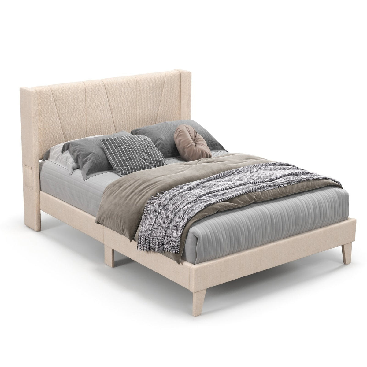 Full Size Upholstered Platform Bed with Geometric Wingback Headboard and Side Pocket, Cream