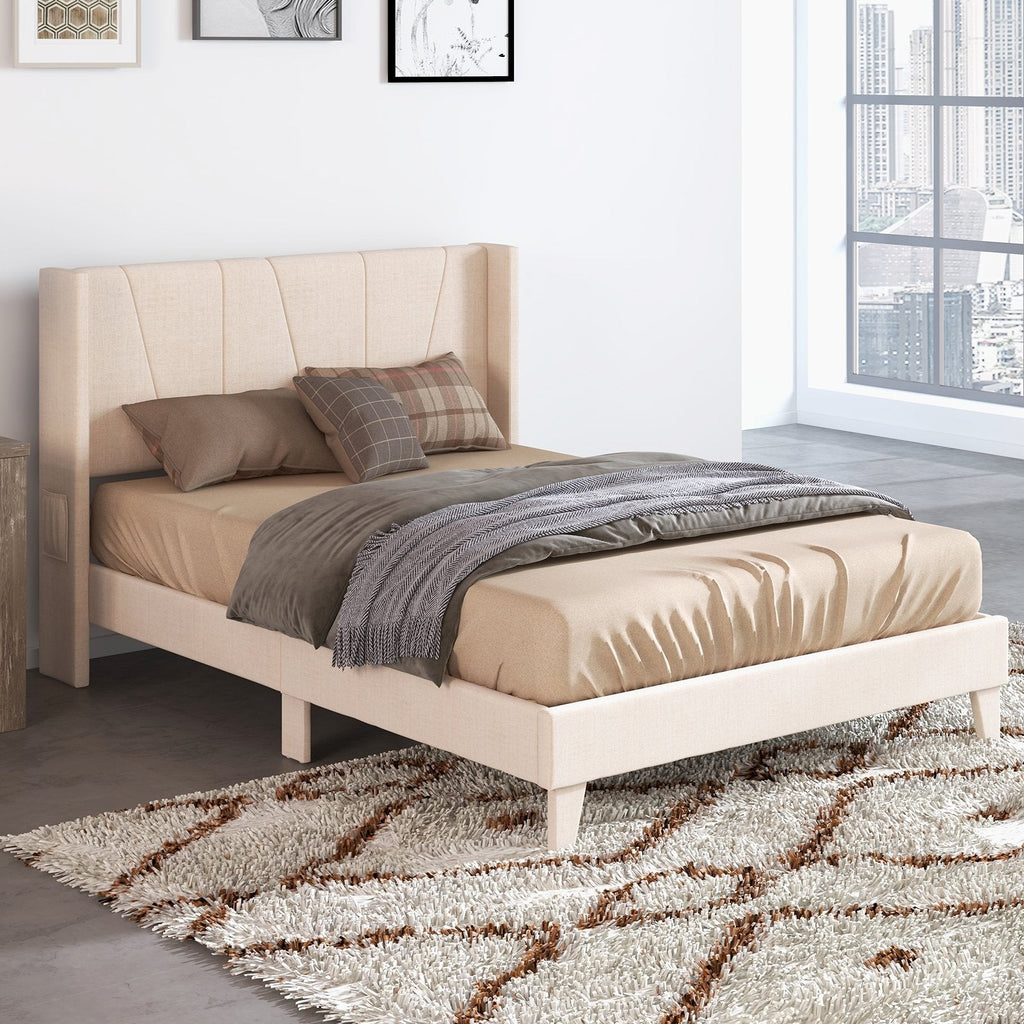 Full Size Upholstered Platform Bed with Geometric Wingback Headboard and Side Pocket, Cream