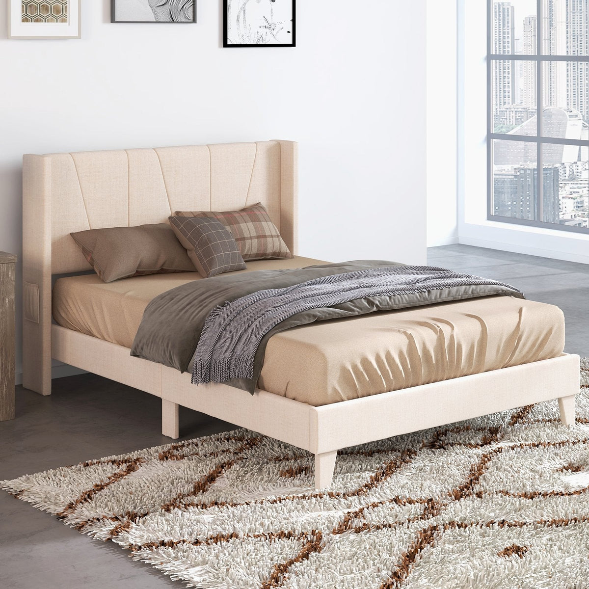 Full Size Upholstered Platform Bed with Geometric Wingback Headboard and Side Pocket, Cream