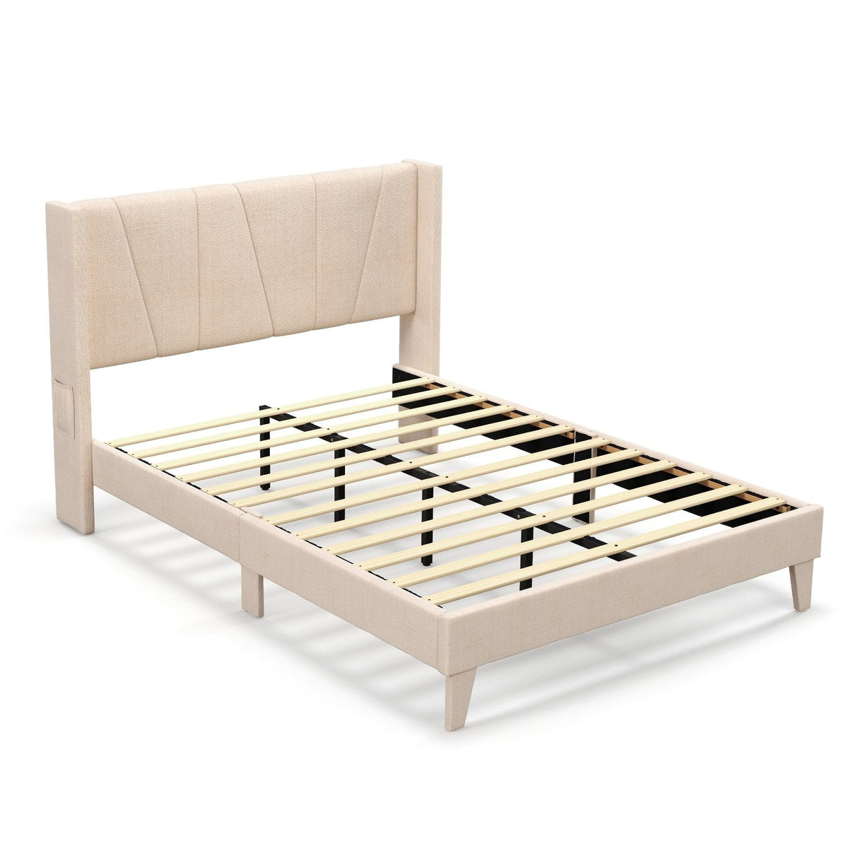 Full Size Upholstered Platform Bed with Geometric Wingback Headboard and Side Pocket, Cream