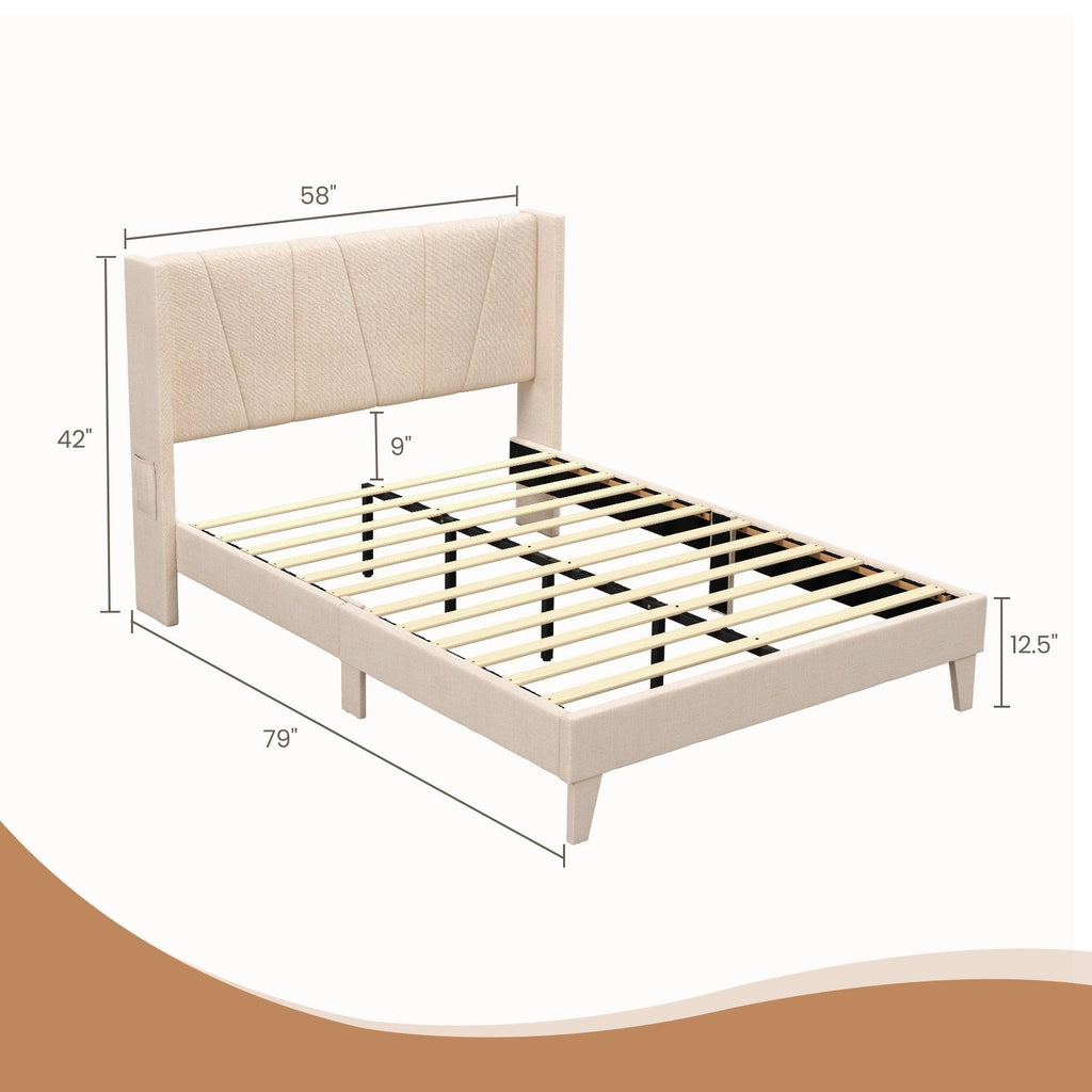 Full Size Upholstered Platform Bed with Geometric Wingback Headboard and Side Pocket, Cream