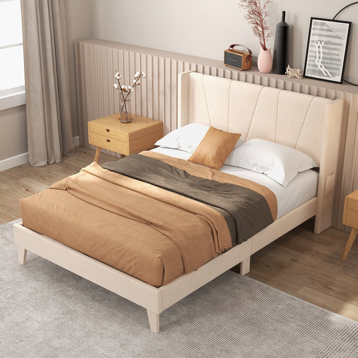 Full Size Upholstered Platform Bed with Geometric Wingback Headboard and Side Pocket, Cream