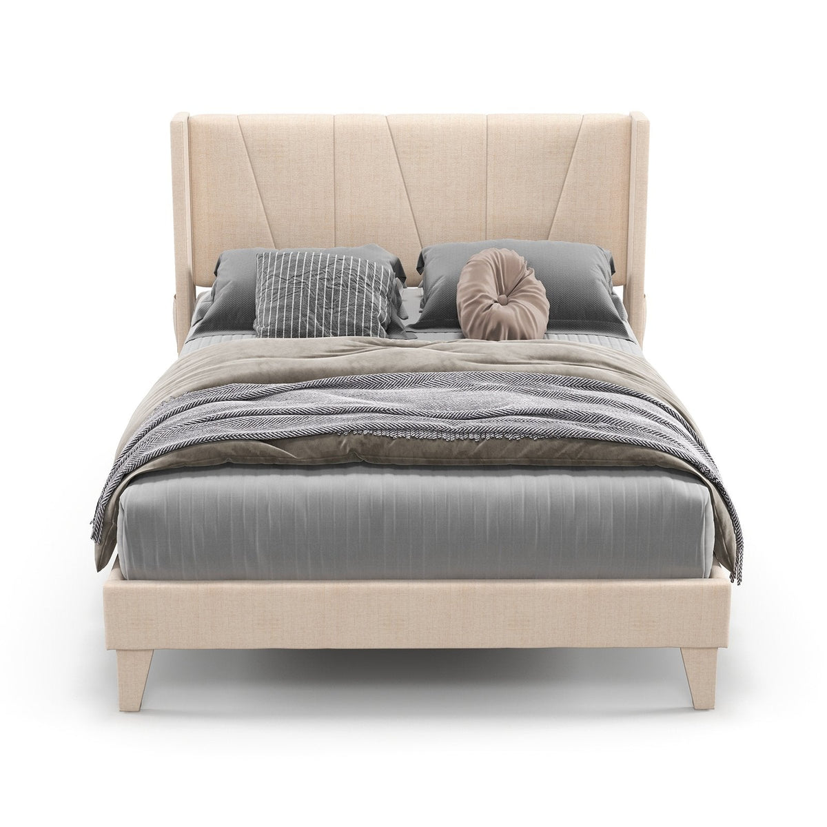 Full Size Upholstered Platform Bed with Geometric Wingback Headboard and Side Pocket, Cream