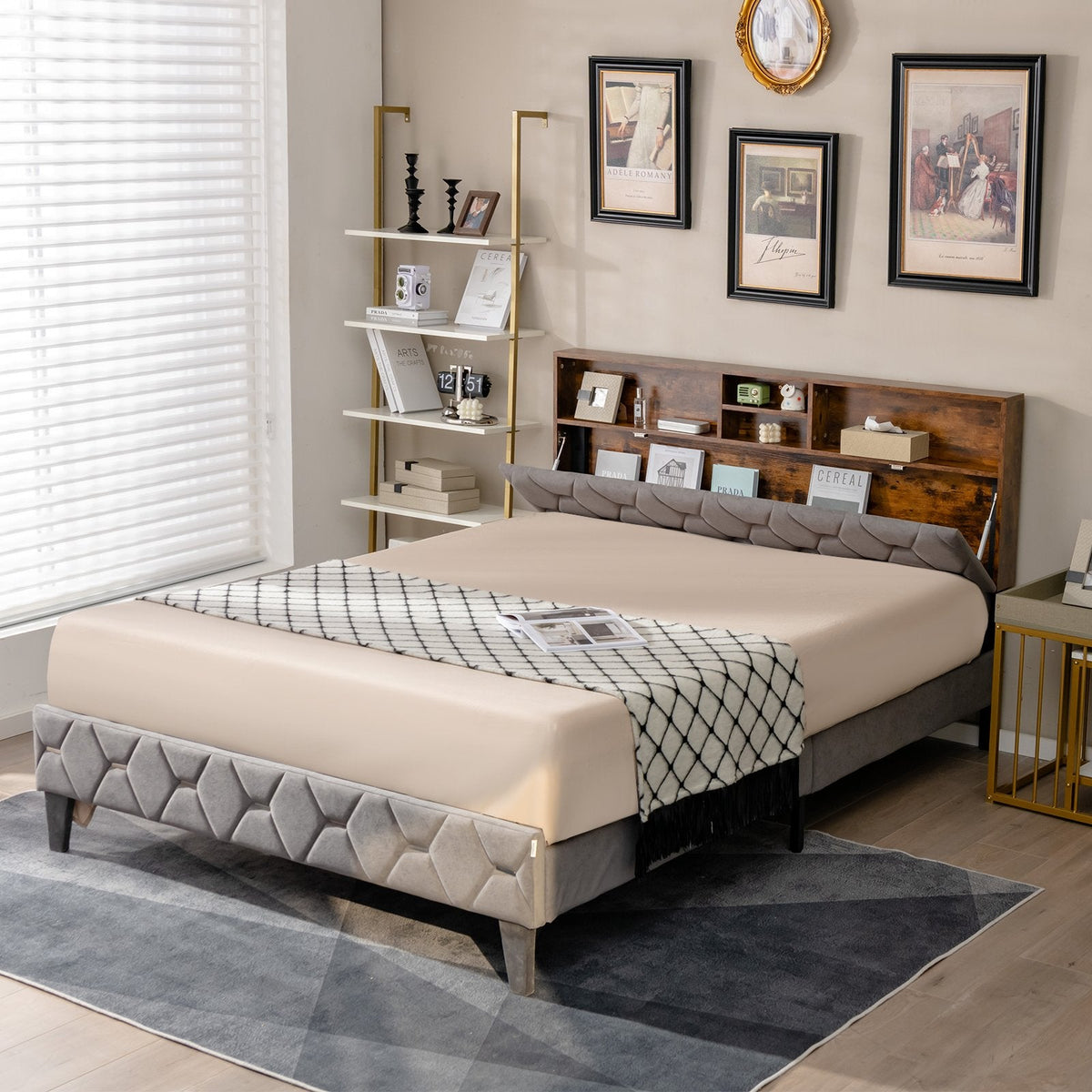 Full Size Upholstered Bed with Lift-Up Bookcase Storage Headboard and 1000 lb Capacity, Grey