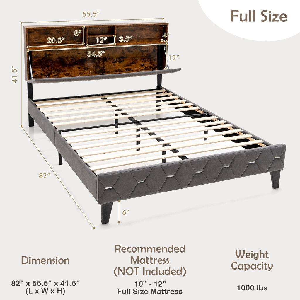 Full Size Upholstered Bed with Lift-Up Bookcase Storage Headboard and 1000 lb Capacity, Grey
