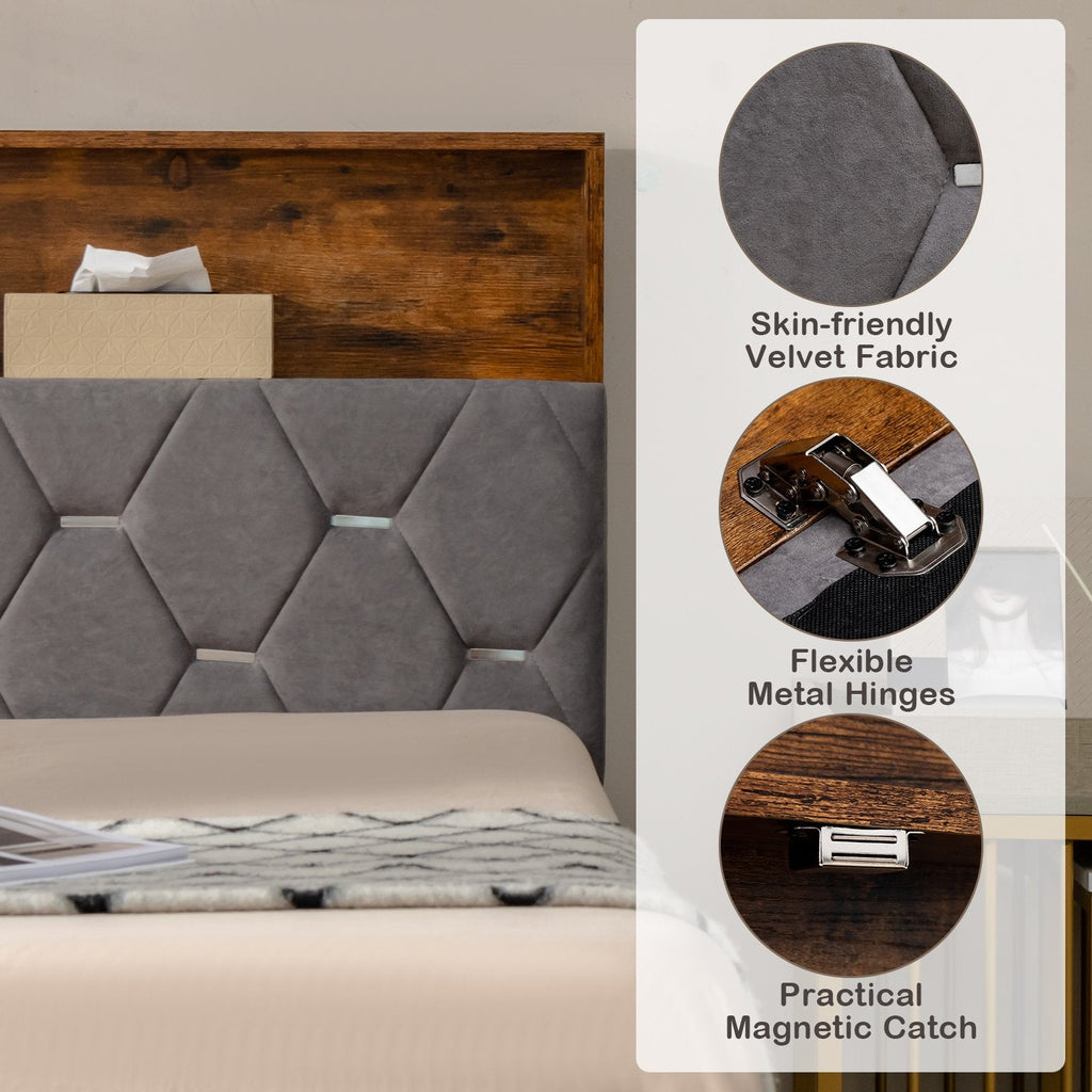 Full Size Upholstered Bed with Lift-Up Bookcase Storage Headboard and 1000 lb Capacity, Grey