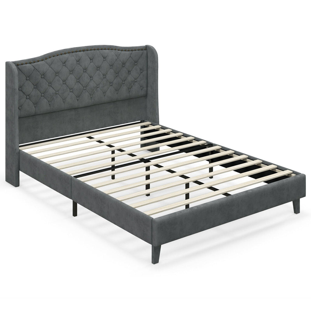 Full Size Upholstered Platform Bed with Button Tufted Wingback Headboard and 12 Wooden Slats