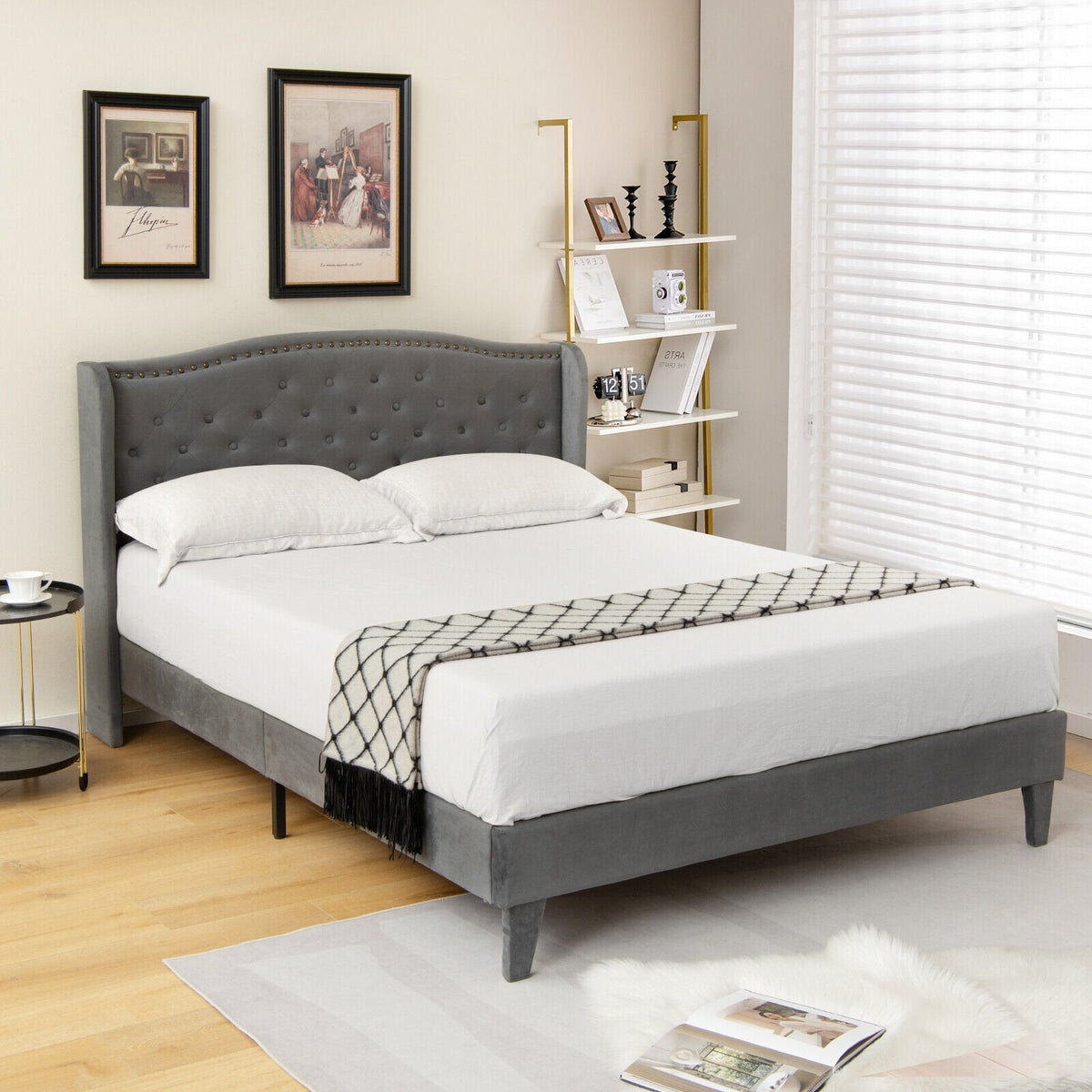 Full Size Upholstered Platform Bed with Button Tufted Wingback Headboard and 12 Wooden Slats