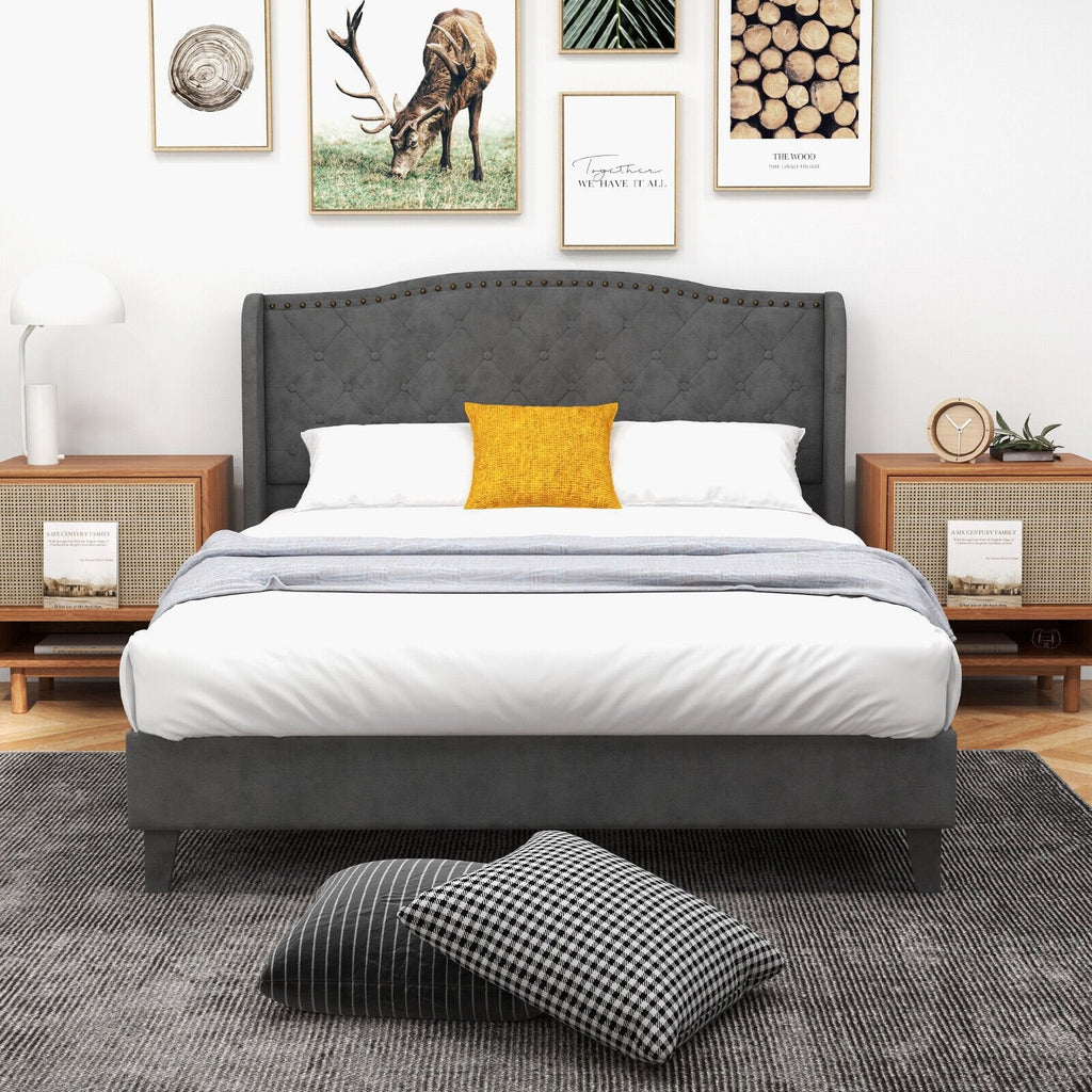 Full Size Upholstered Platform Bed with Button Tufted Wingback Headboard and 12 Wooden Slats