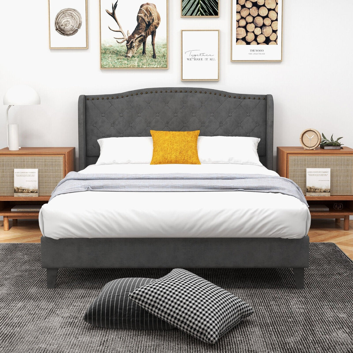 Full Size Upholstered Platform Bed with Button Tufted Wingback Headboard and 12 Wooden Slats