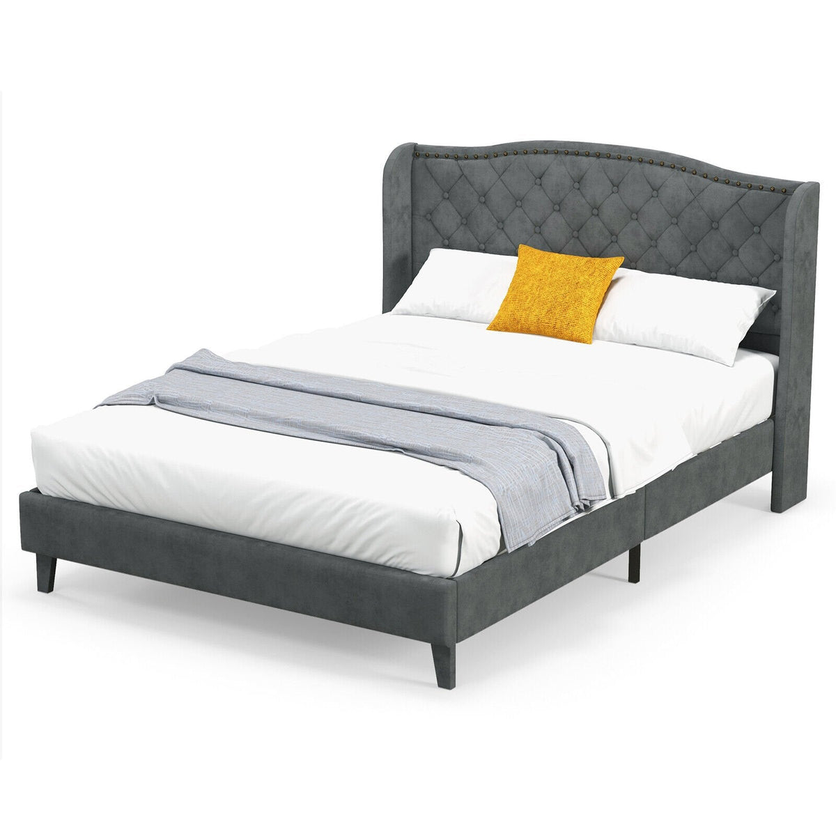 Full Size Upholstered Platform Bed with Button Tufted Wingback Headboard and 12 Wooden Slats