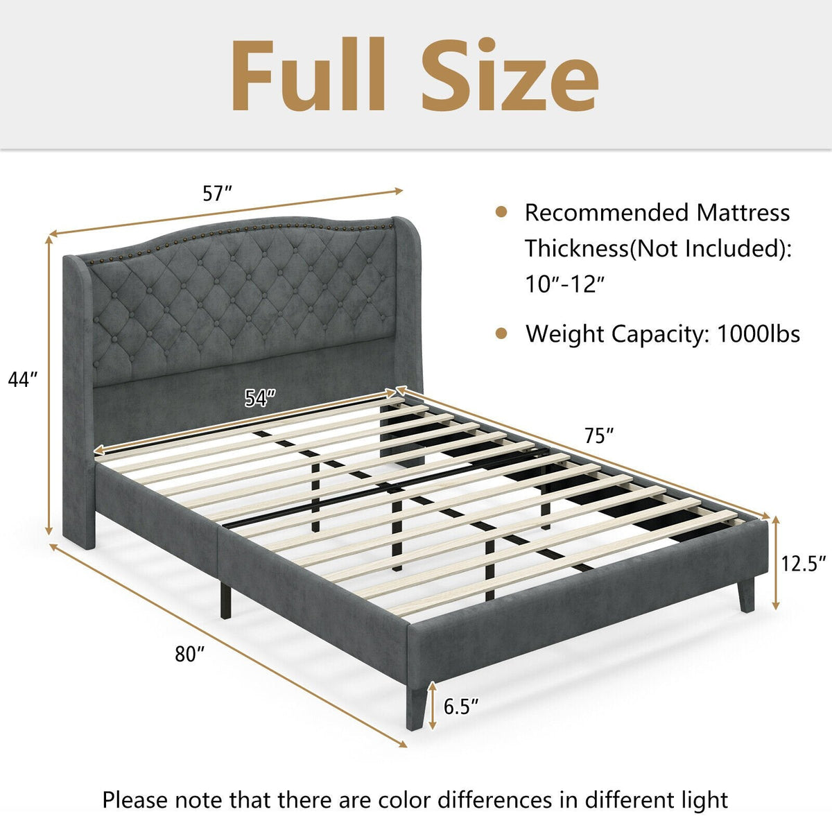 Full Size Upholstered Platform Bed with Button Tufted Wingback Headboard and 12 Wooden Slats