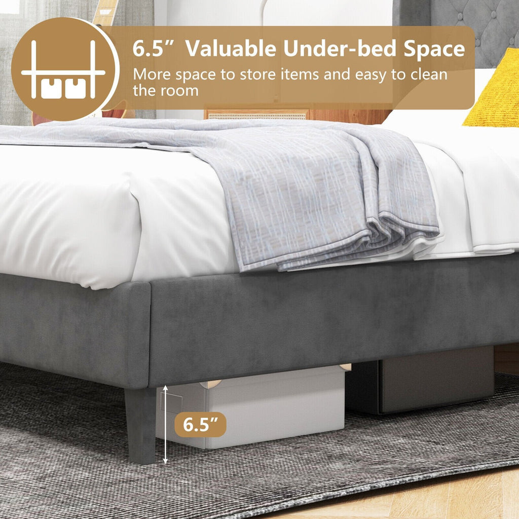 Full Size Upholstered Platform Bed with Button Tufted Wingback Headboard and 12 Wooden Slats