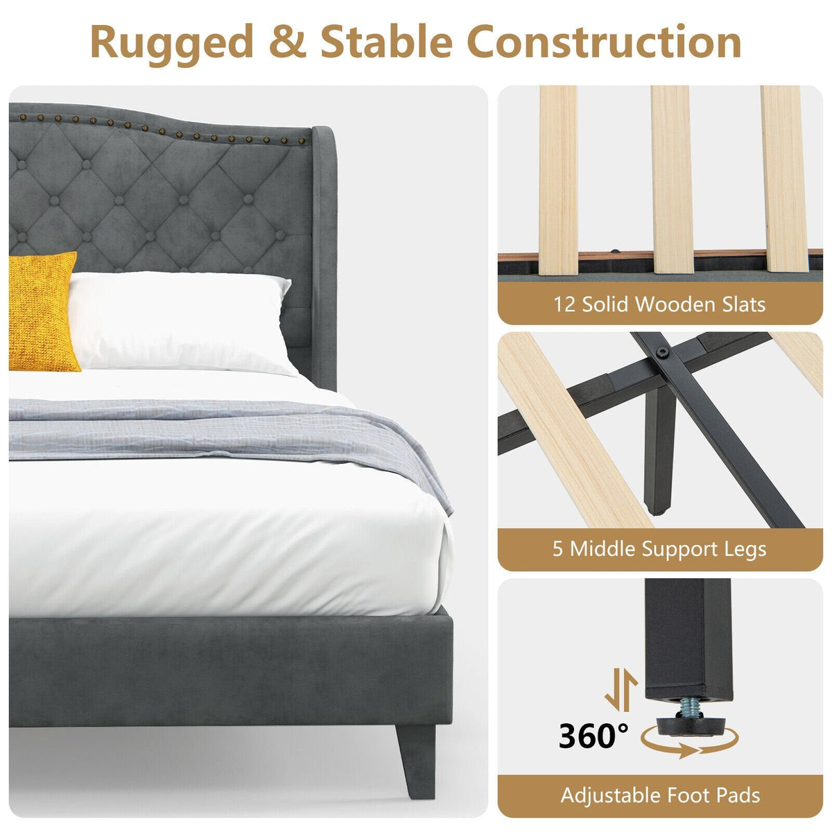 Full Size Upholstered Platform Bed with Button Tufted Wingback Headboard and 12 Wooden Slats