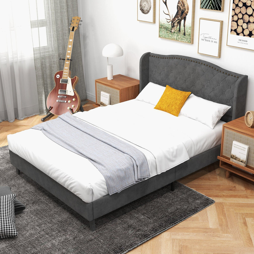 Full Size Upholstered Platform Bed with Button Tufted Wingback Headboard and 12 Wooden Slats