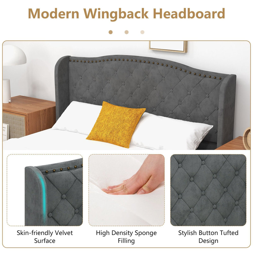 Full Size Upholstered Platform Bed with Button Tufted Wingback Headboard and 12 Wooden Slats