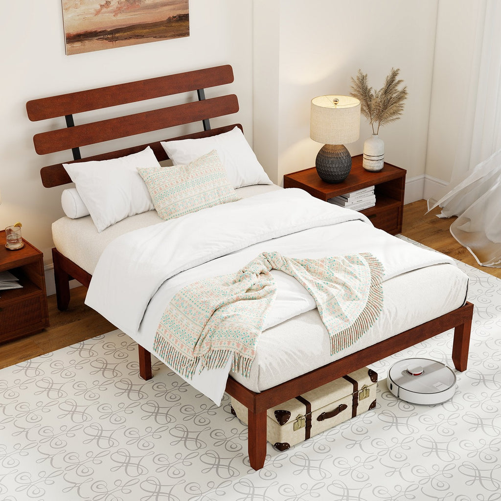 Full Size 15.5 Inch Solid Wood Platform Bed with Sloped Retro Headboard and 12 Inch Clearance