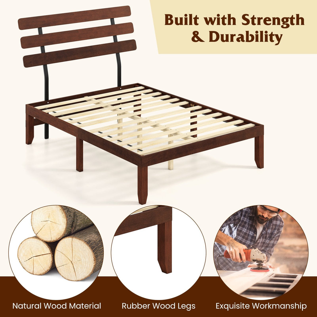 Full Size 15.5 Inch Solid Wood Platform Bed with Sloped Retro Headboard and 12 Inch Clearance
