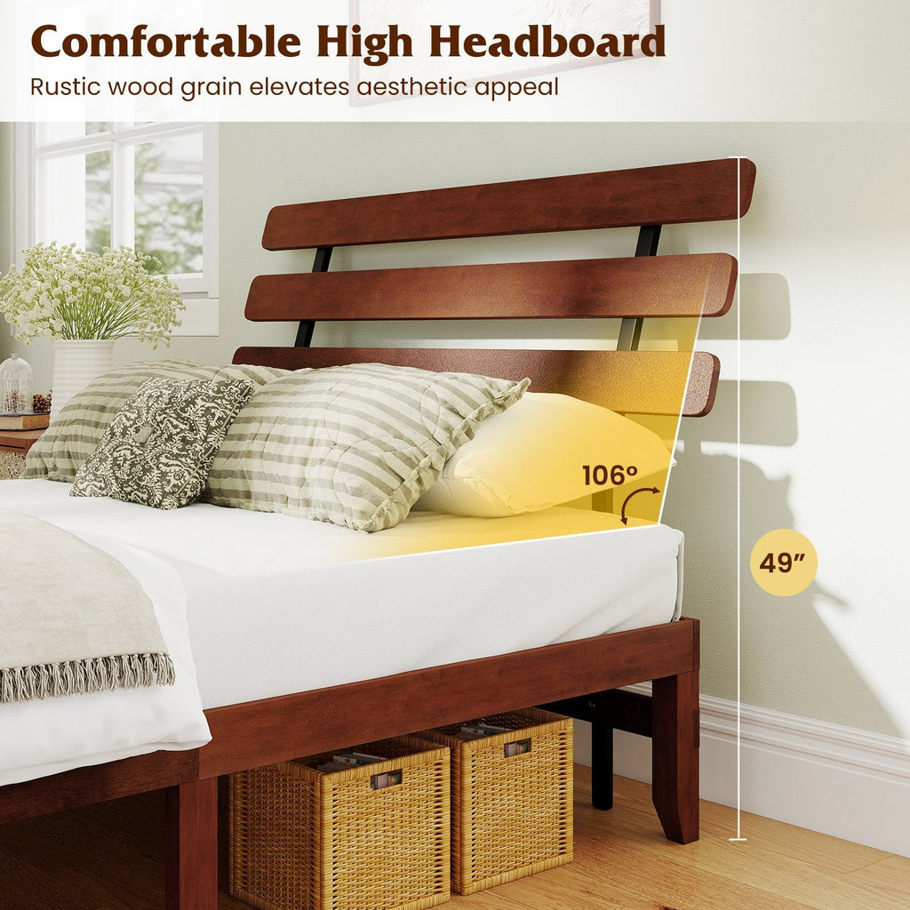 Full Size 15.5 Inch Solid Wood Platform Bed with Sloped Retro Headboard and 12 Inch Clearance