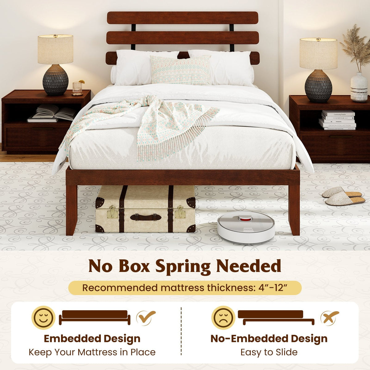 Full Size 15.5 Inch Solid Wood Platform Bed with Sloped Retro Headboard and 12 Inch Clearance
