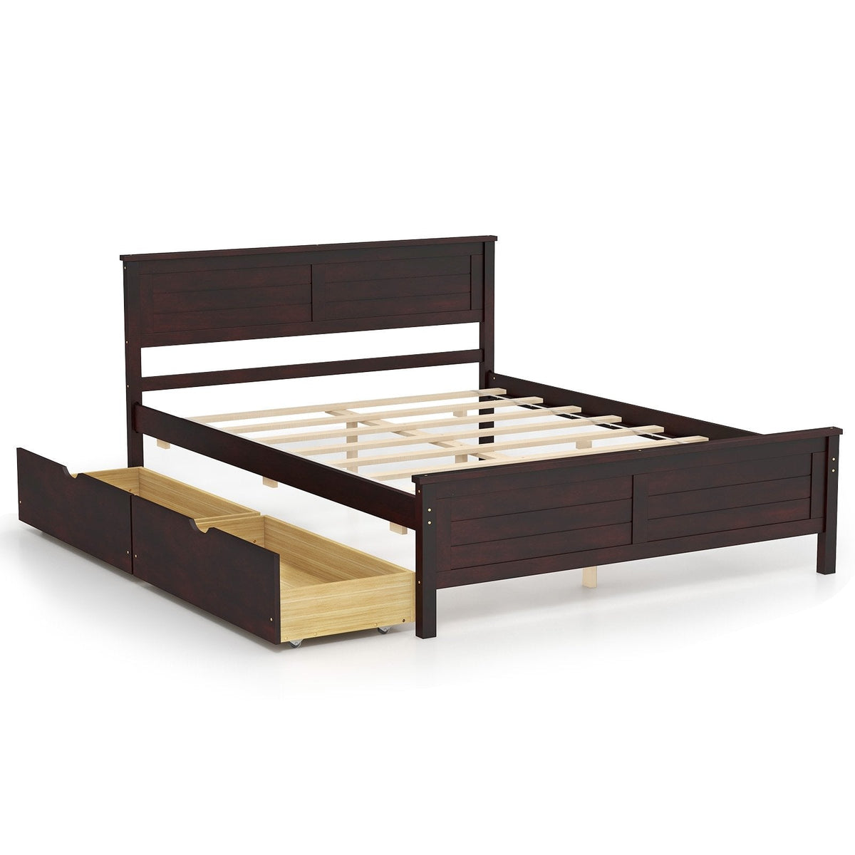Full Size Pine Bed Frame with 2 Under-Bed Storage Drawers and Slatted Headboard, Espresso