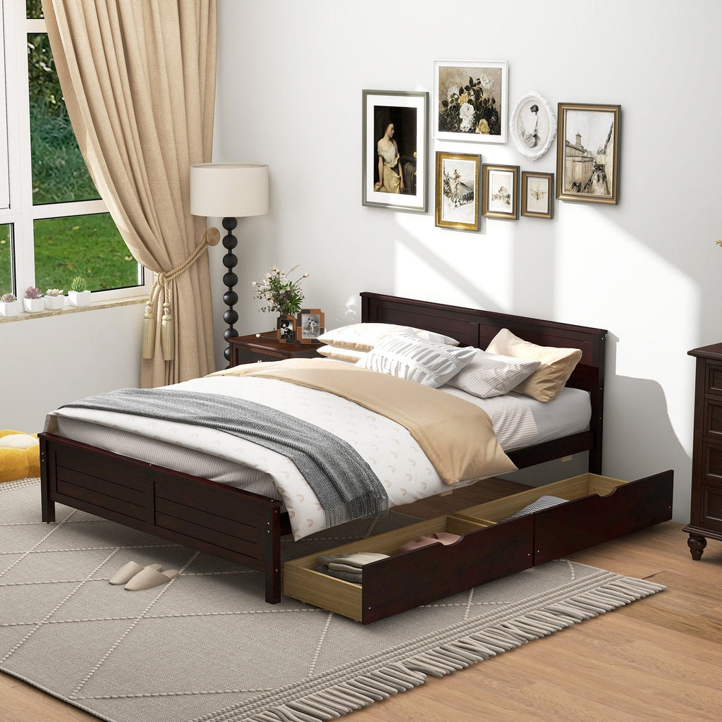 Full Size Pine Bed Frame with 2 Under-Bed Storage Drawers and Slatted Headboard, Espresso