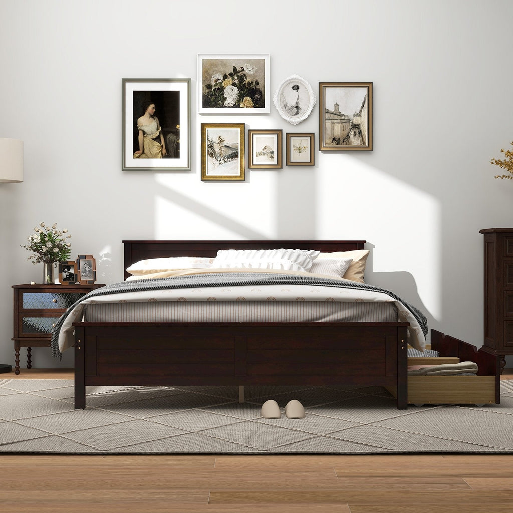 Full Size Pine Bed Frame with 2 Under-Bed Storage Drawers and Slatted Headboard, Espresso