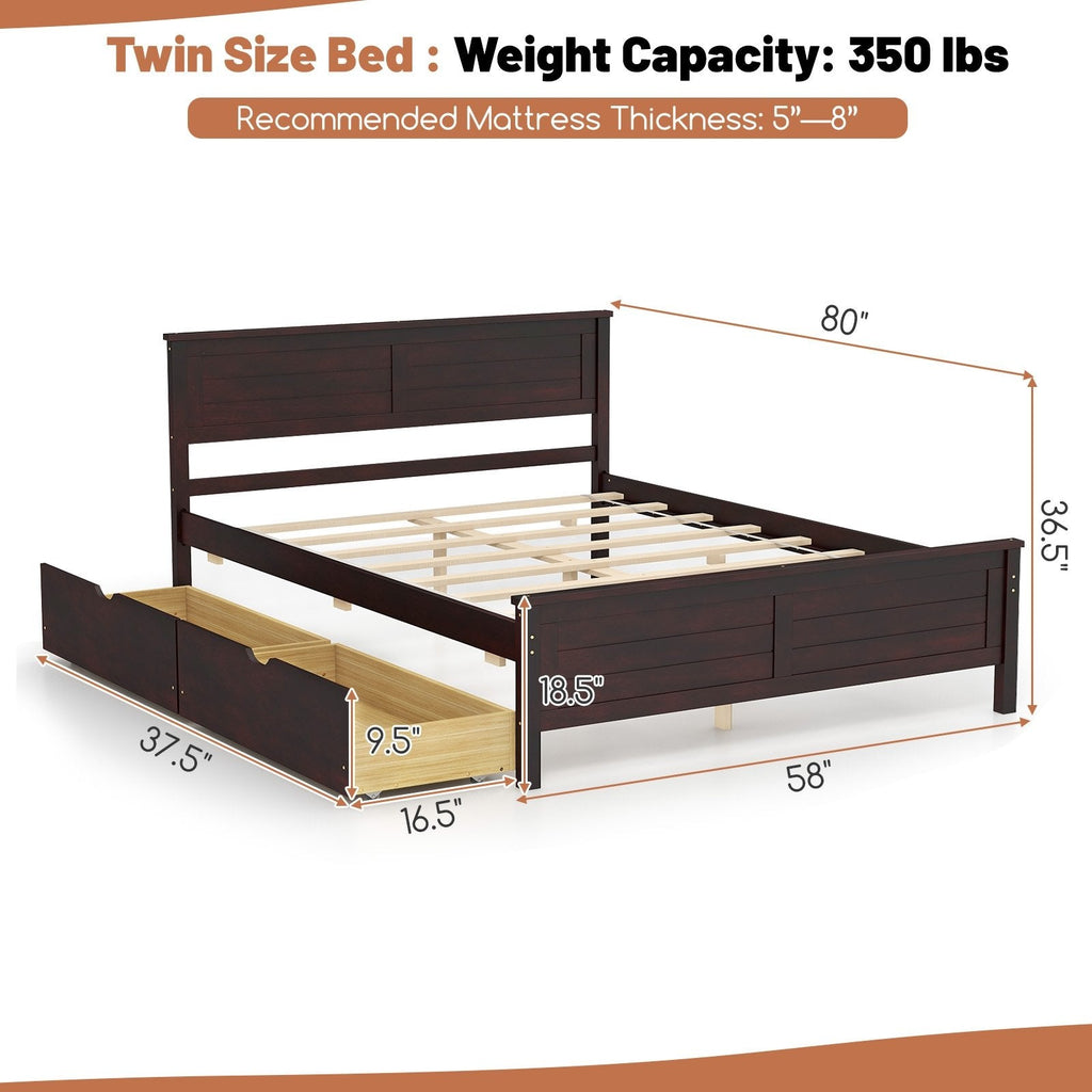 Full Size Pine Bed Frame with 2 Under-Bed Storage Drawers and Slatted Headboard, Espresso