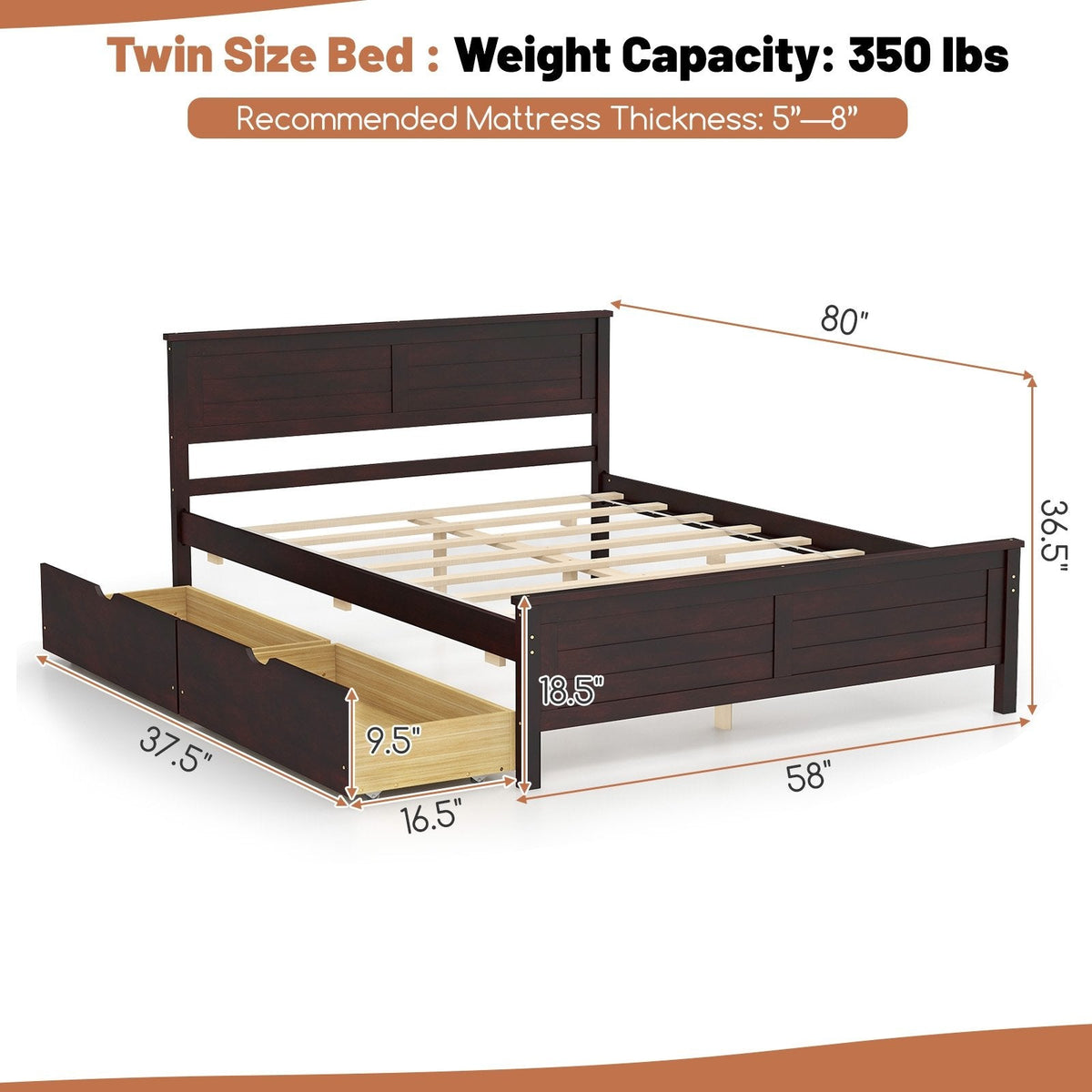 Full Size Pine Bed Frame with 2 Under-Bed Storage Drawers and Slatted Headboard, Espresso
