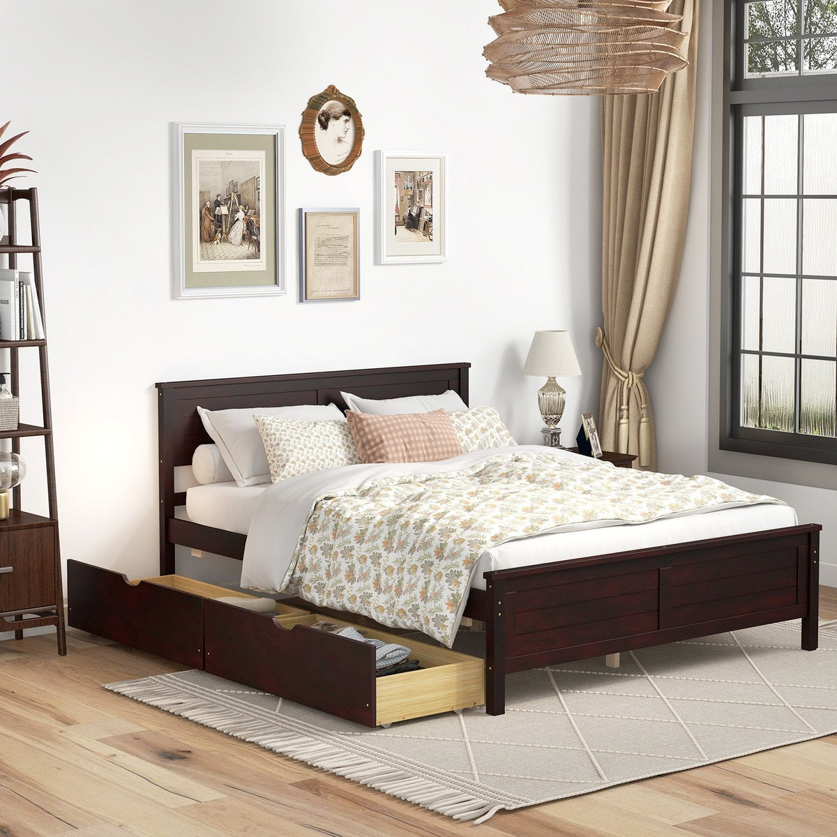 Full Size Pine Bed Frame with 2 Under-Bed Storage Drawers and Slatted Headboard, Espresso